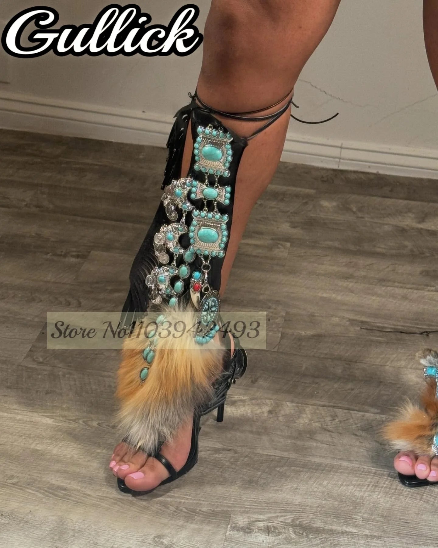 Sandalias con Flecos y Gemas Azules
