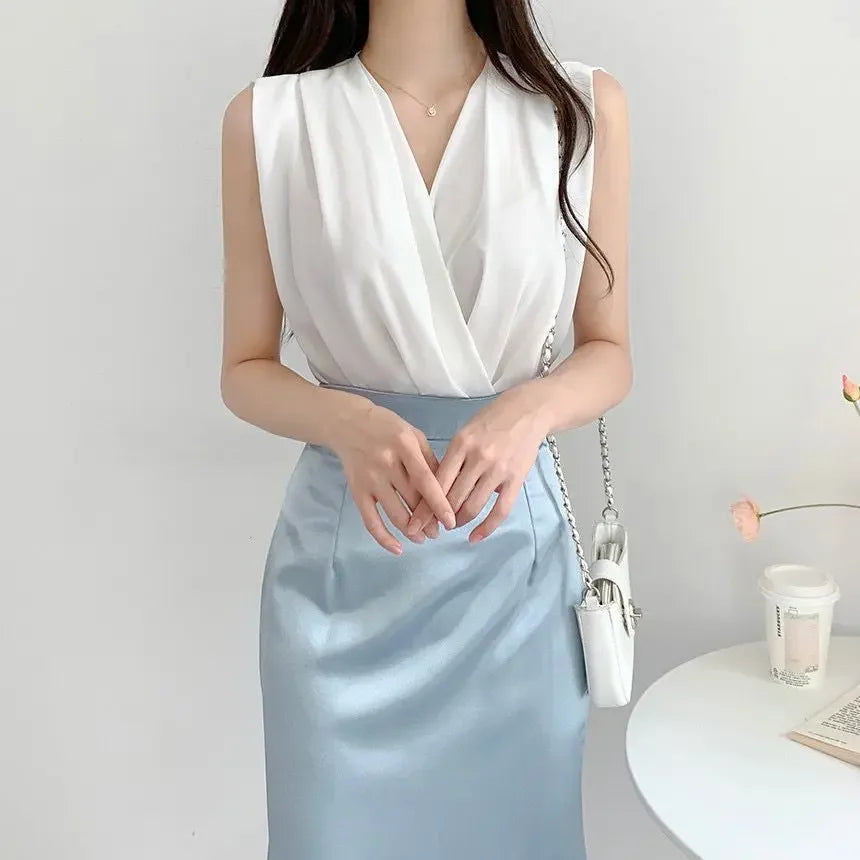 Blusa Neploe francesa elegante, cuello en V y diseño cruzado