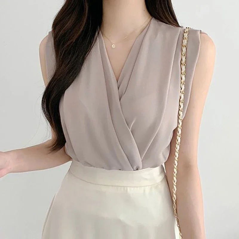 Blusa Neploe francesa elegante, cuello en V y diseño cruzado